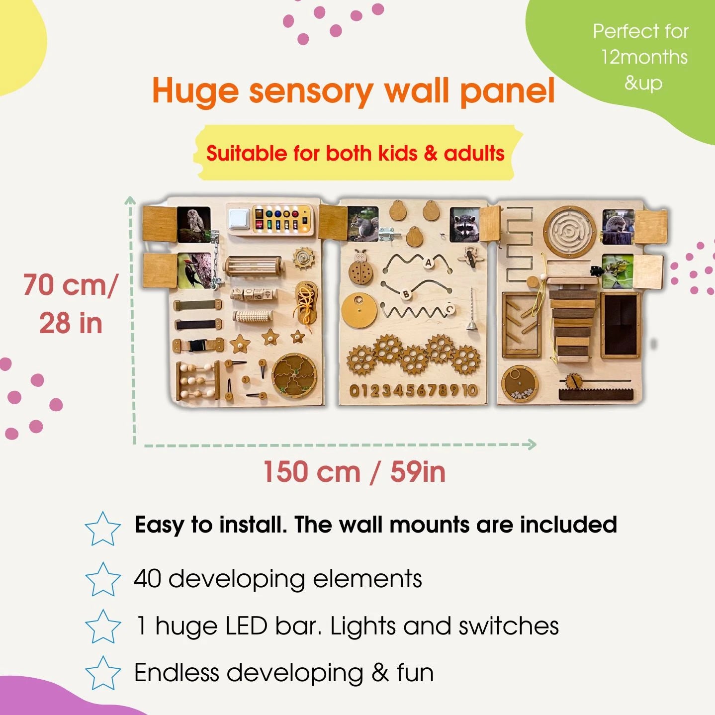 Infographic showing size dimensions of the sensory wall panel: 150×70cm (59×28 inches).