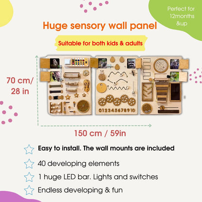 Infographic showing size dimensions of the sensory wall panel: 150×70cm (59×28 inches).