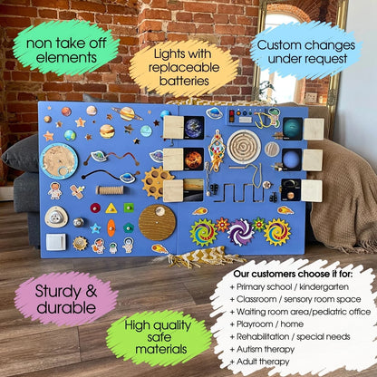 Infographic of Deep Purple Space-Themed Sensory Wall Panel – Ideal for Classrooms, Therapy Rooms, and Special Needs
