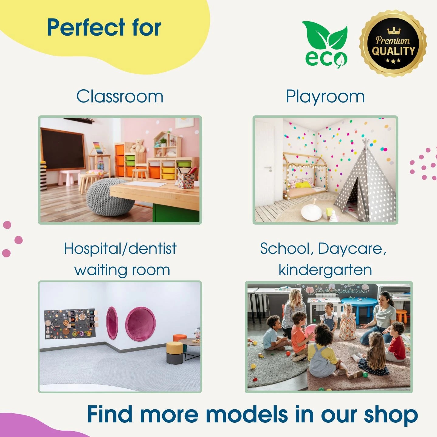 Infographic showing recommended spaces for sensory wall panel use: classroom, playroom, hospital/dentist waiting room, daycare, and kindergarten.