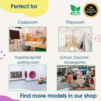 Infographic showing recommended spaces for sensory wall panel use: classroom, playroom, hospital/dentist waiting room, daycare, and kindergarten.